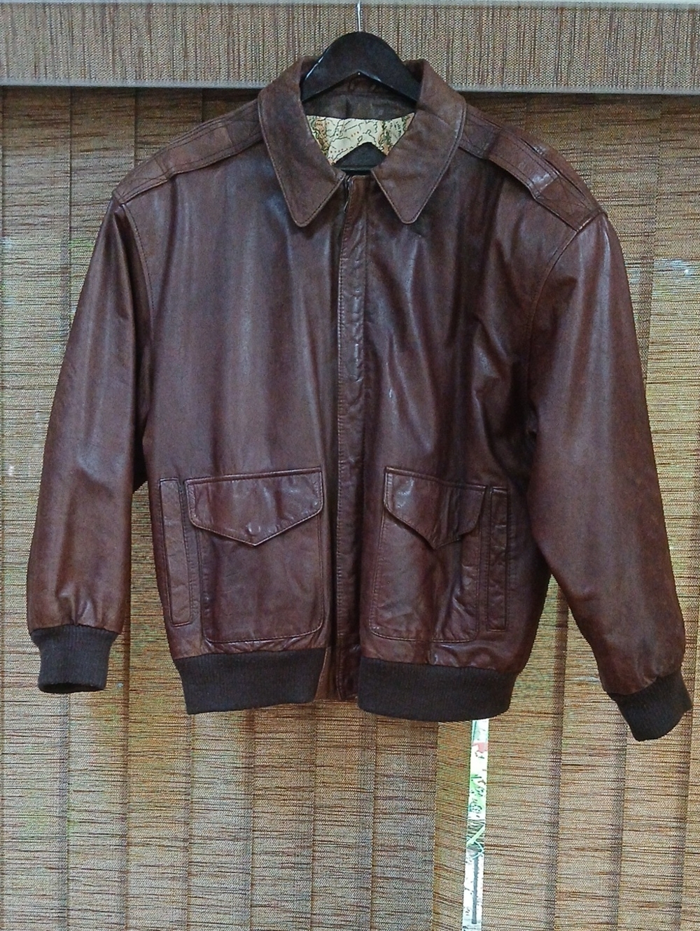 Vintage Onde Brown Genuine Leather Bomber Jacket with Map Print Lining - Size L